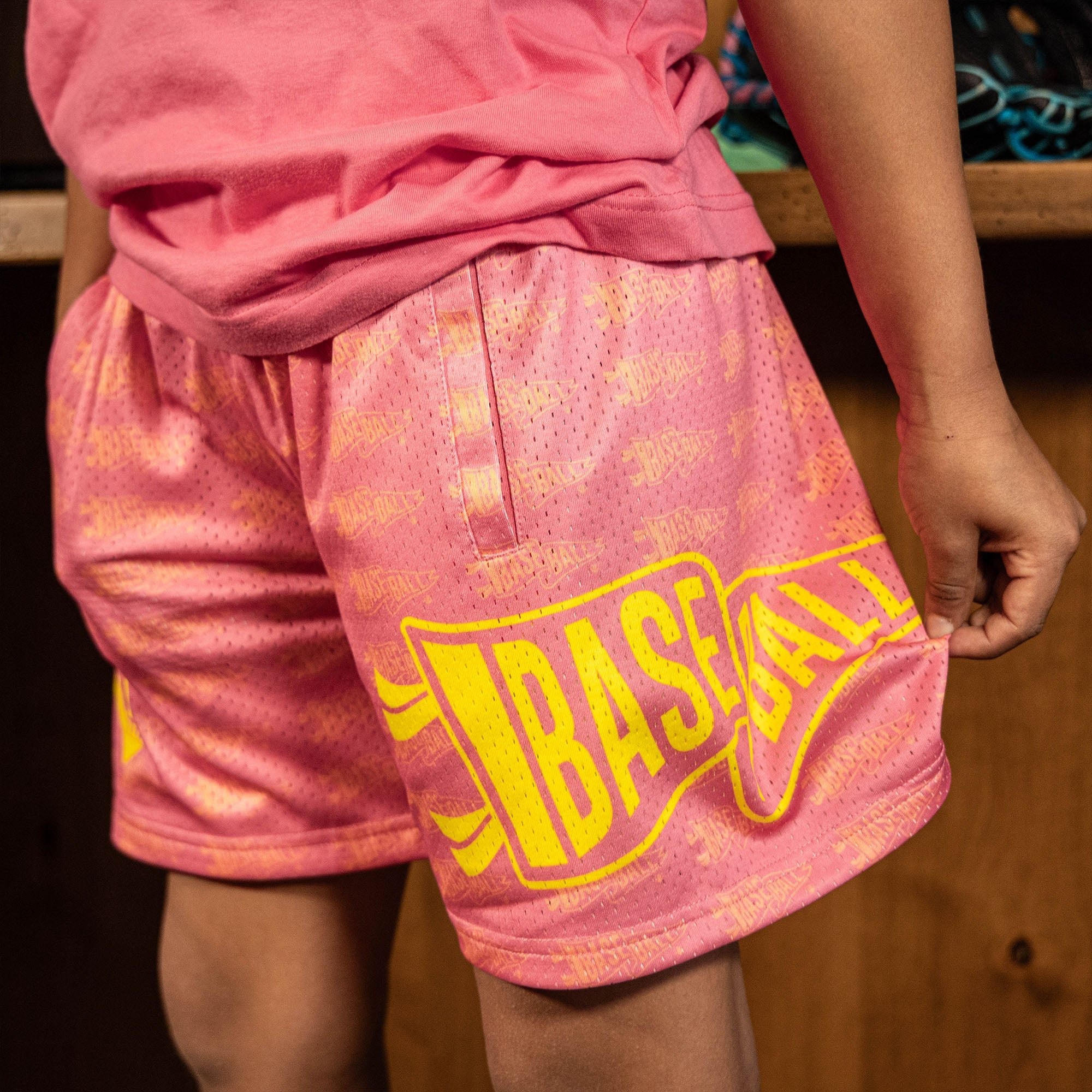 Pennant Shorts - Pink Lemonade Baseball Mesh Shorts with Allover Print