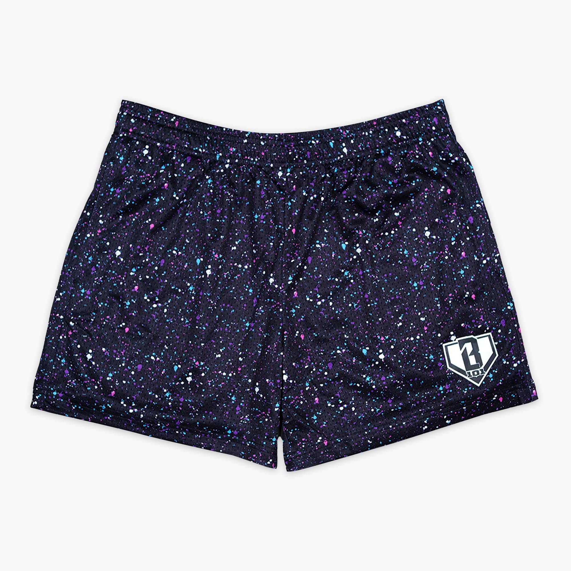 Galaxy Splatter Mesh Shorts - Allover Pattern, Side Pockets, Drawstring Waist