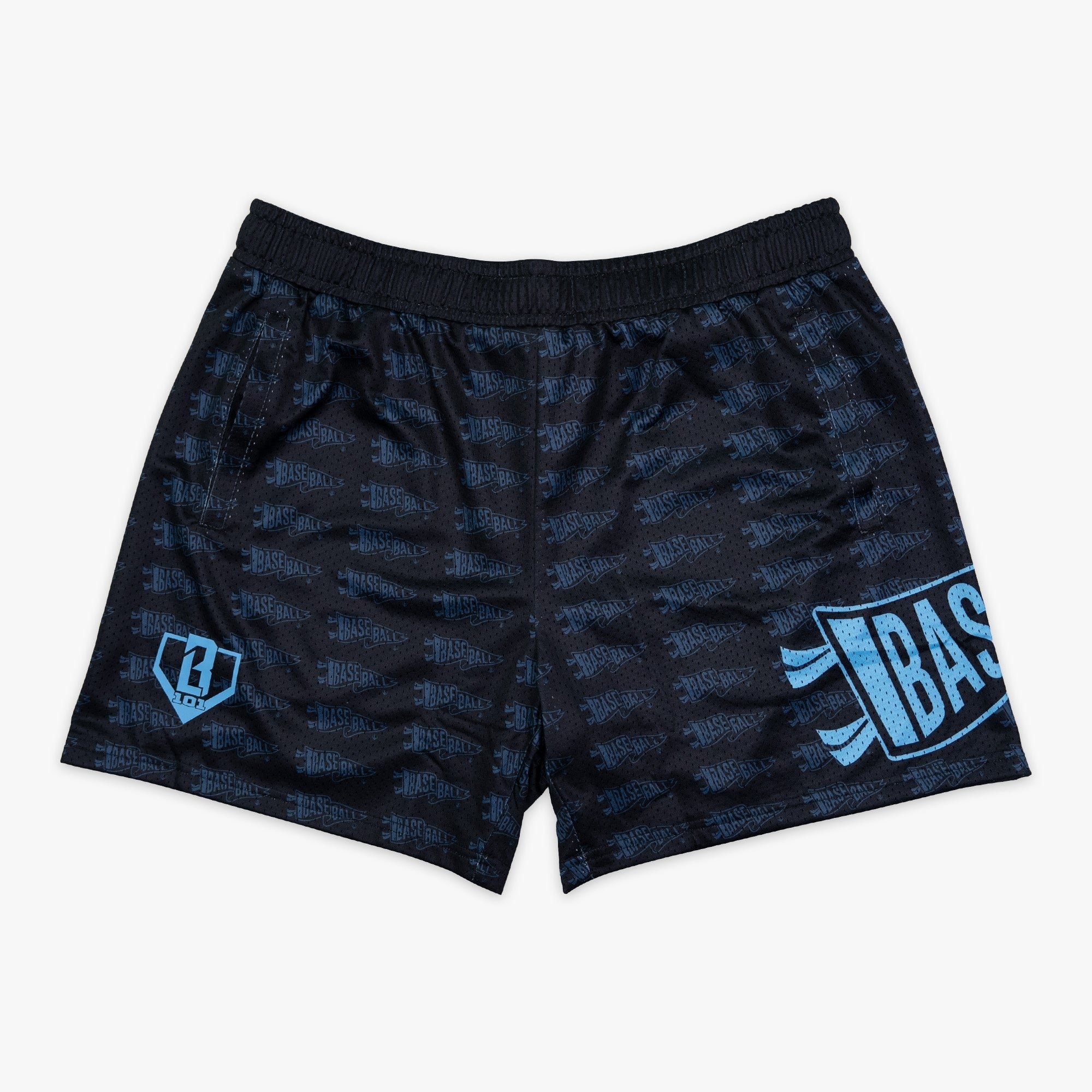 Pennant Shorts - Black/Light Blue Mesh Athletic Shorts with Pockets