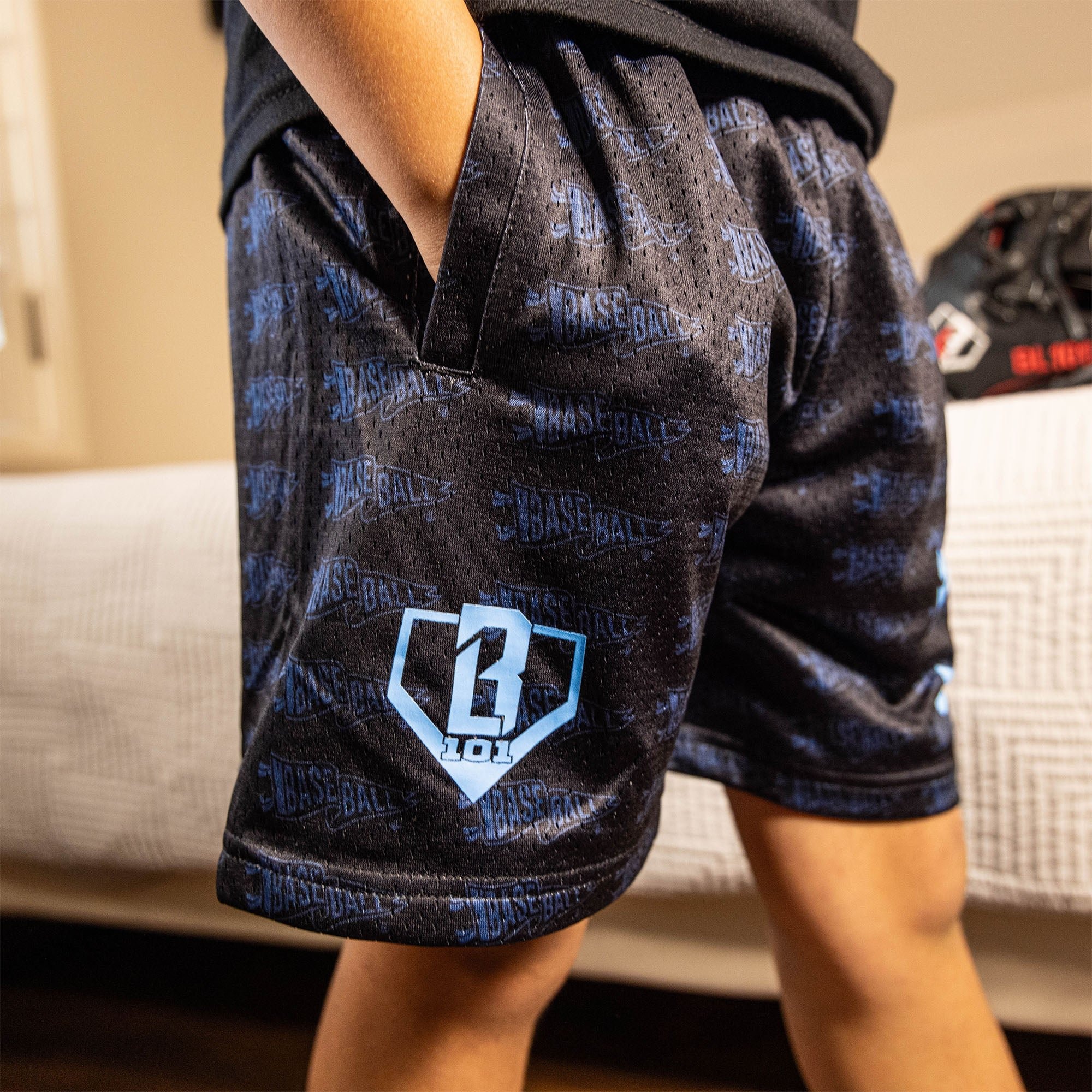 Pennant Shorts - Black/Light Blue Mesh Athletic Shorts with Pockets