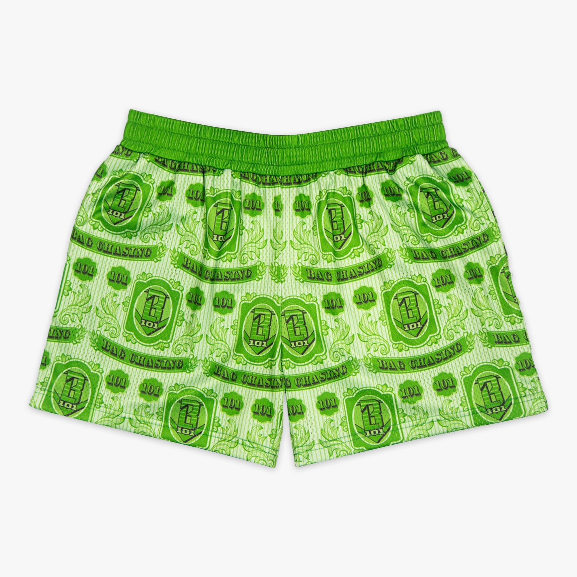 Bag Chaser Green Mesh Shorts - Baseball Lifestyle Allover Print, 5" Inseam