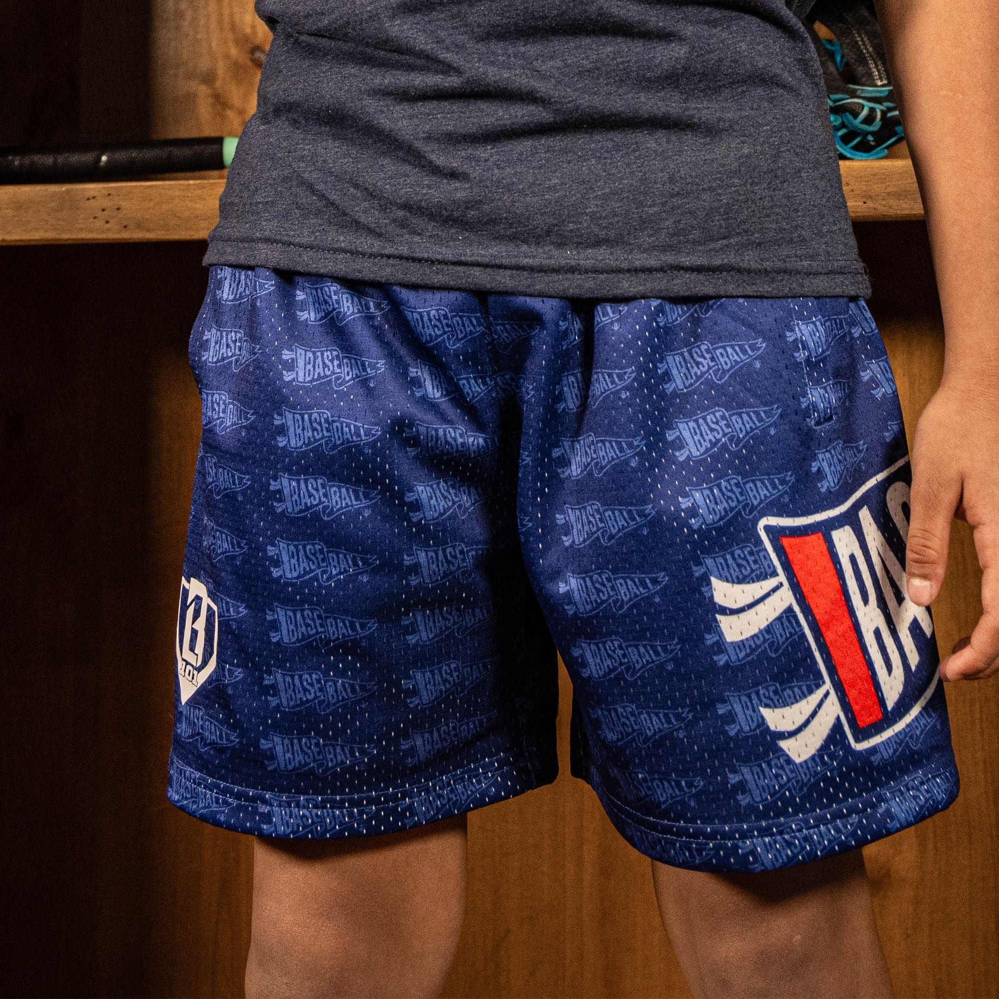 Pennant Shorts - USA Baseball Mesh Shorts with Allover Pattern and Pockets