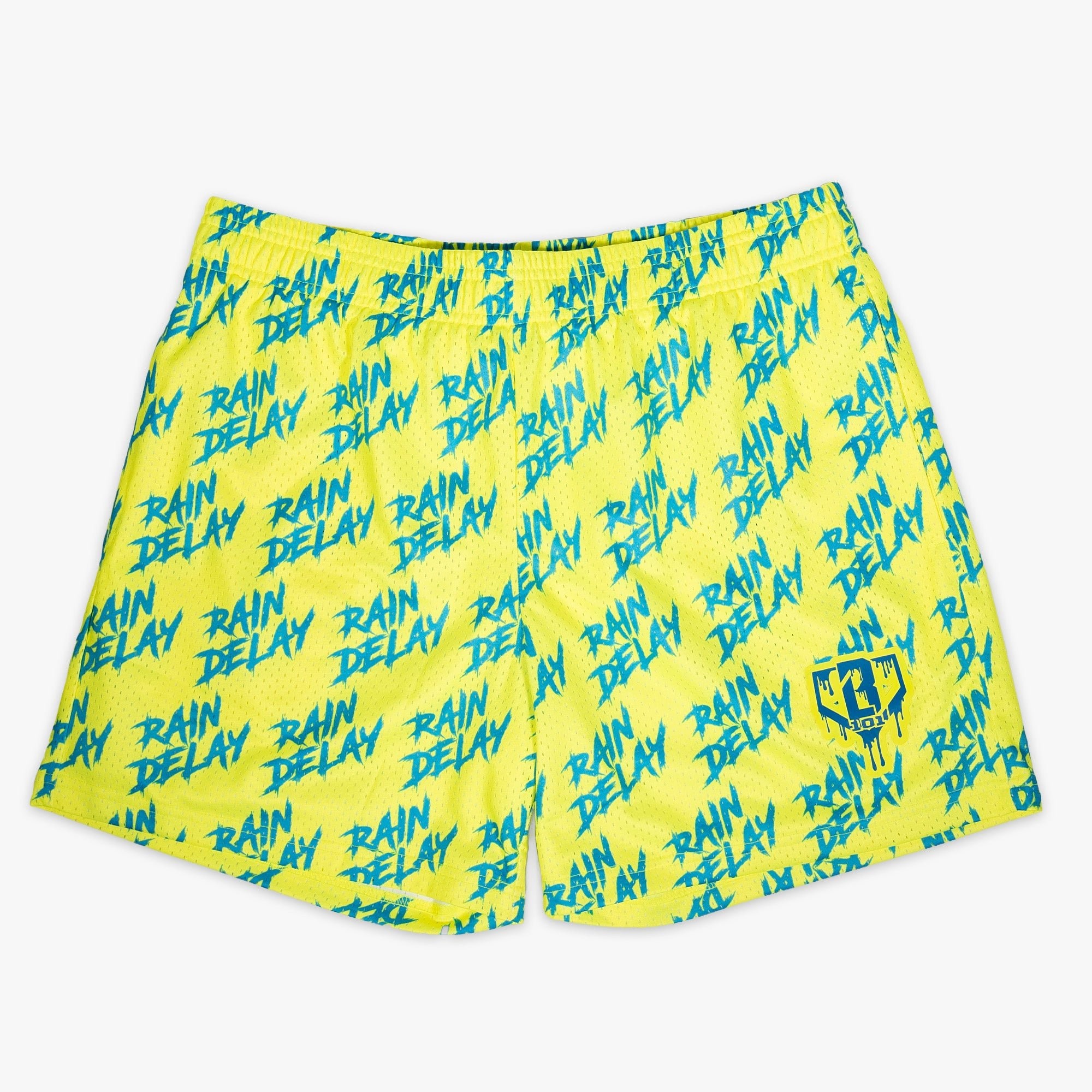 Rain Delay Shorts - Yellow/Blue Mesh Athletic Shorts with Allover Print